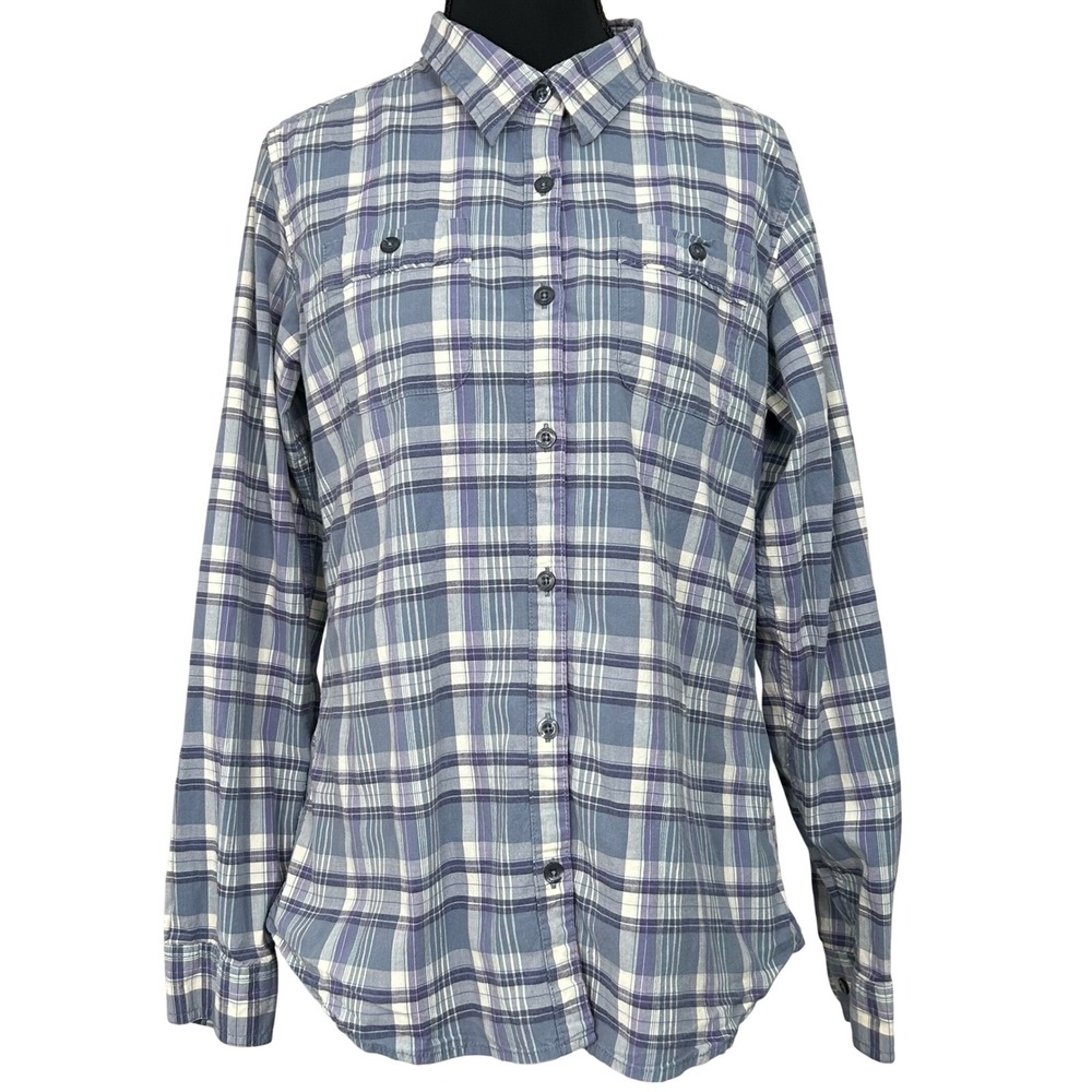 Cabela's Women's Plaid Long Sleeve Shirt Sz-M Blue/White Cotton Outdoor Hiking
